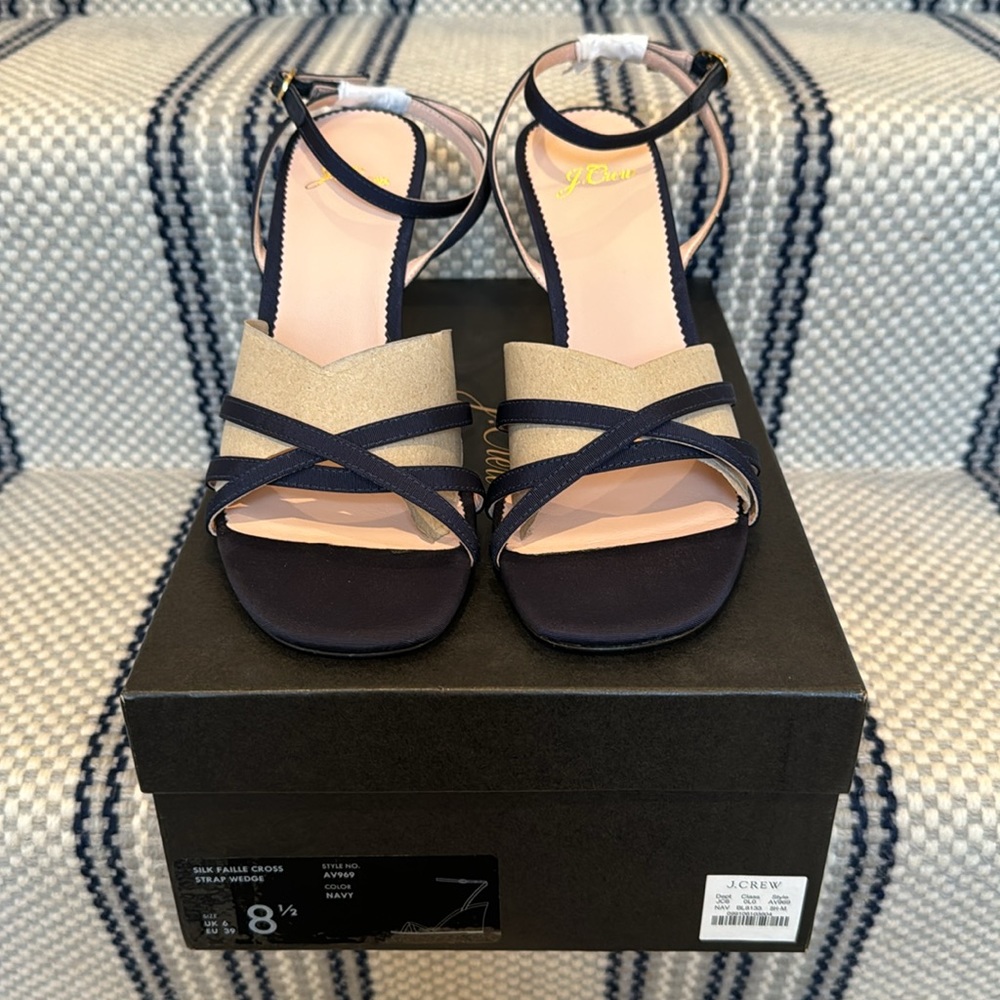 J.Crew Silk Faille Cross Strap Wedges Navy Size 8.5